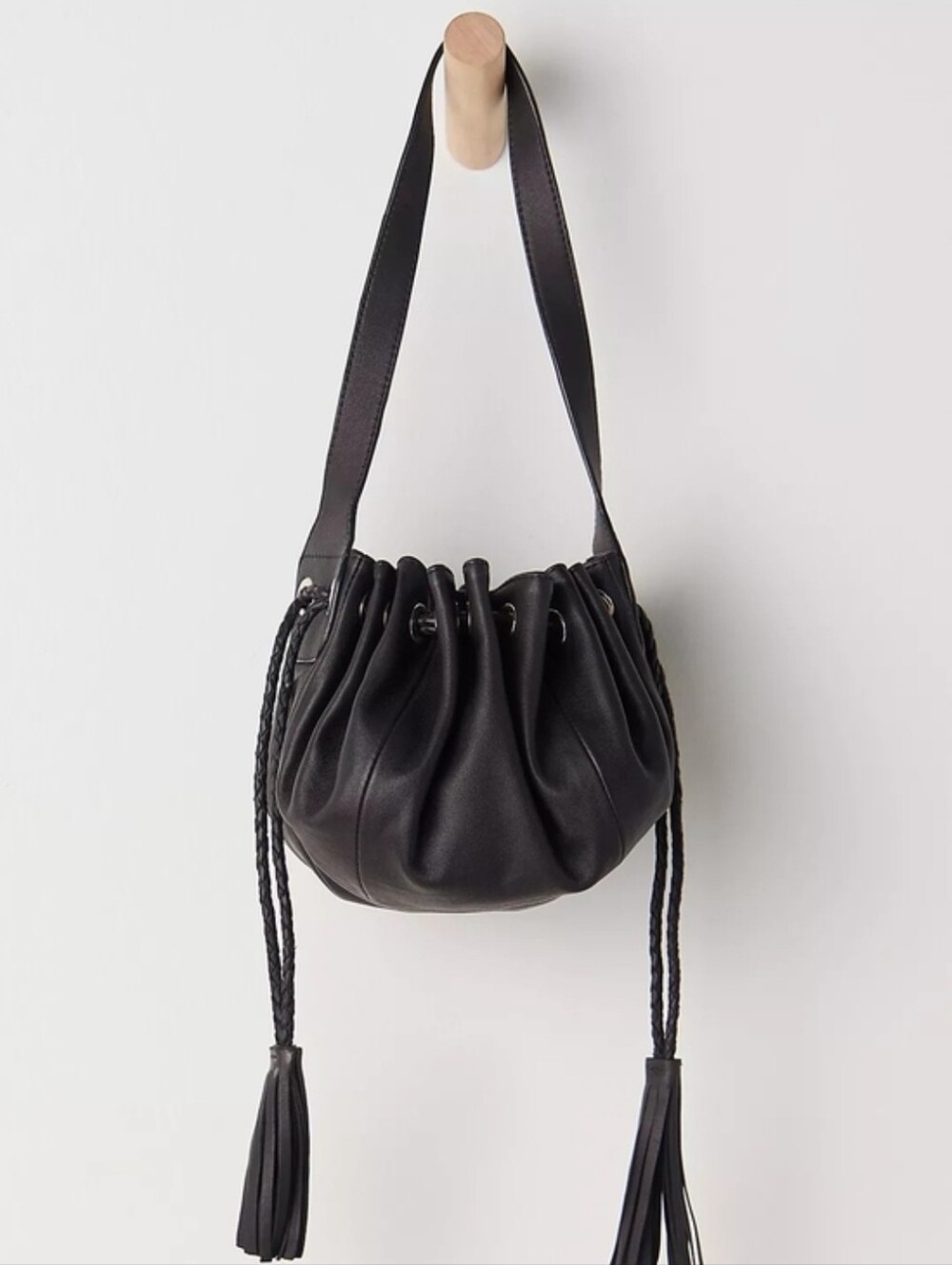 Free People Piper Leather Drawstring Pouch Bag Black Tassel NWT